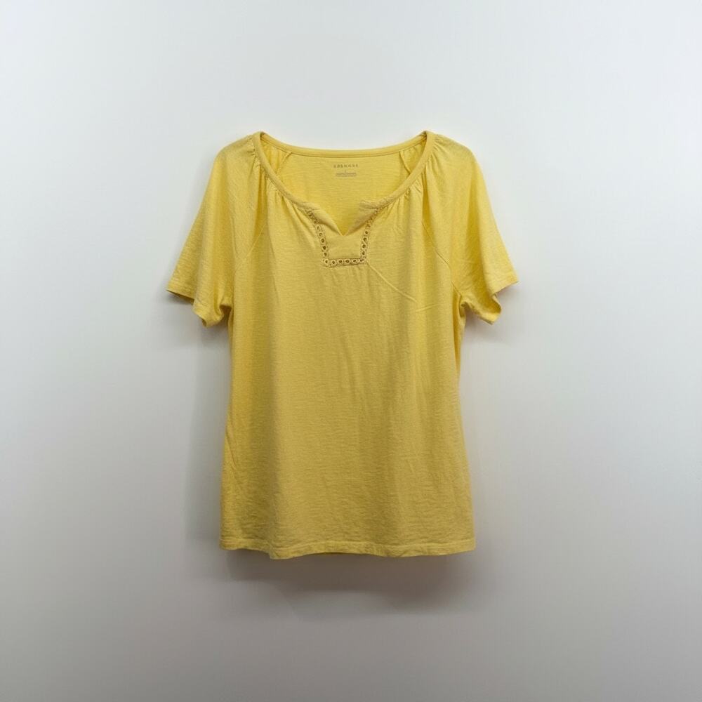 Talbots Yellow Short Sleeve Tee T-Shirt Large 100% Cotton Split V-Neck Eyelet